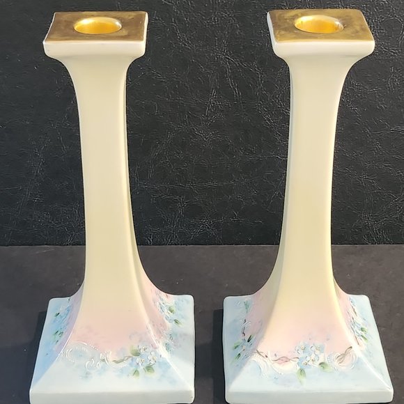 Royal Bavarian 8.5" Pair of Guilt and Hand Painted Forget Me Nots Porcelain Cand - Picture 7 of 10